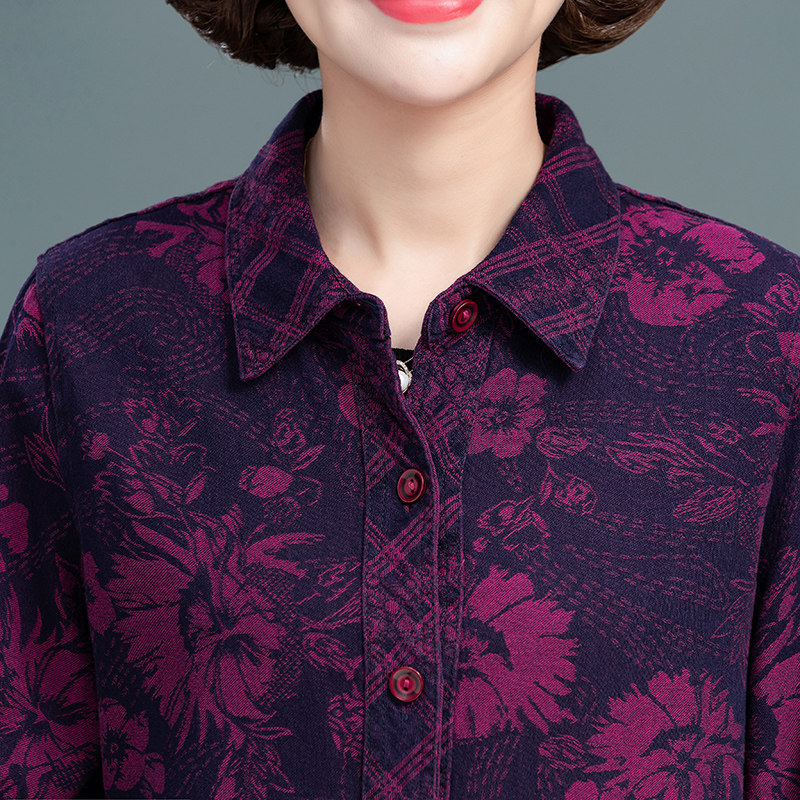 新款中老年女春秋纯棉长袖厚衬衣老人上衣加肥大码衬衫全棉妈妈装