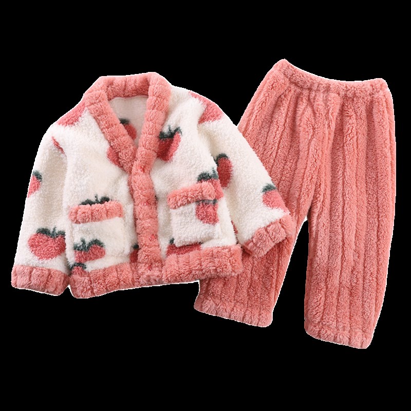 儿童睡衣秋冬小童加厚宝宝法兰绒套装女孩珊瑚绒冬家居服草莓开衫