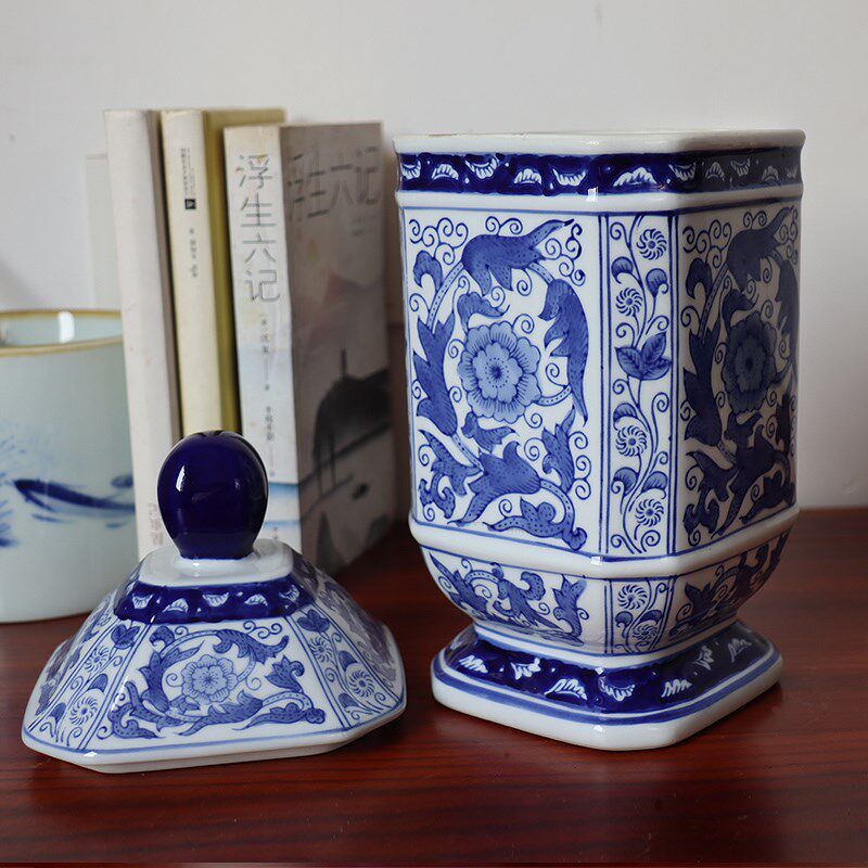 景德镇陶瓷器青花瓷储物罐花瓶四方中式欧式玄关客厅装饰品摆件工