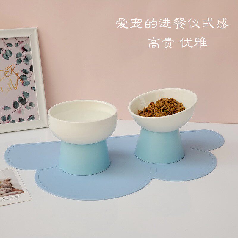 撞色陶瓷斜口猫碗高脚护颈椎猫食盆套装宠物猫咪狗狗水碗防打翻