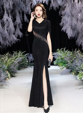 红色晚礼服裙女2023新款高级感气质高端宴会主持人亮片鱼尾连衣裙