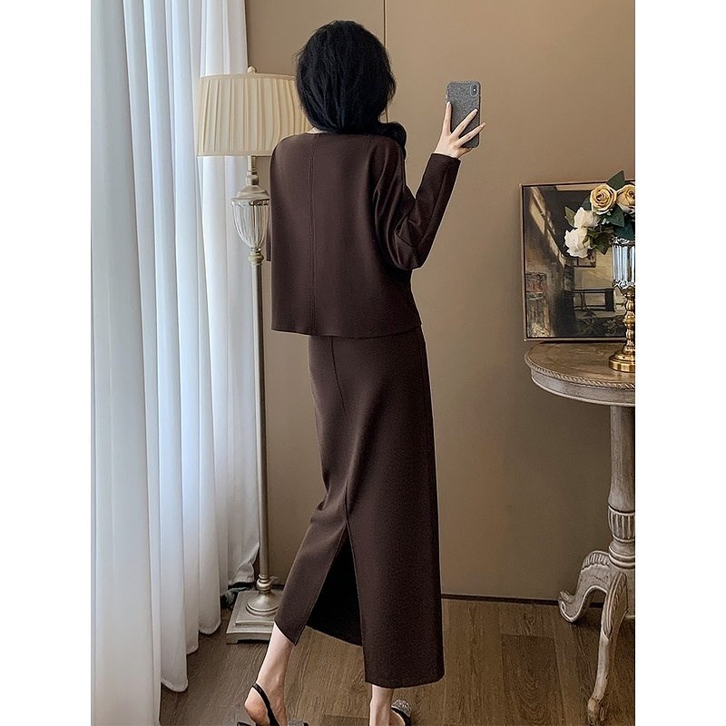 高级感穿搭时尚套装女2024早秋季V领长袖上衣半身裙长裙两件套装
