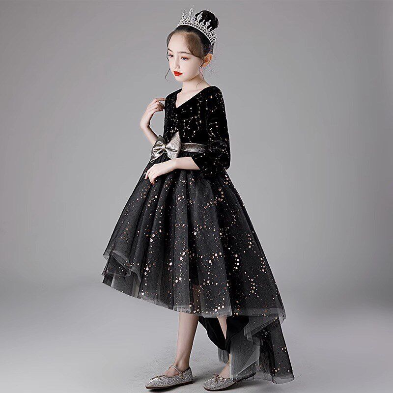 大码胖mm钢琴演奏礼服女大童公主裙黑色长袖演出服主持人舞台走秀
