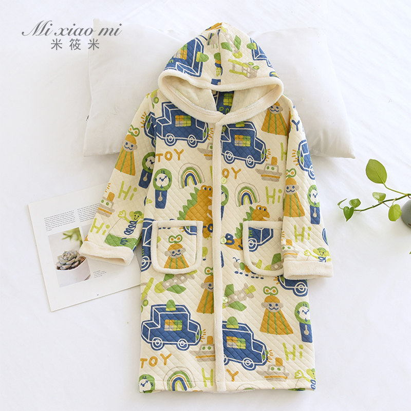 米筱米儿童秋冬纯棉空气层睡袍男童小童中大童全棉浴袍卡通家居袍