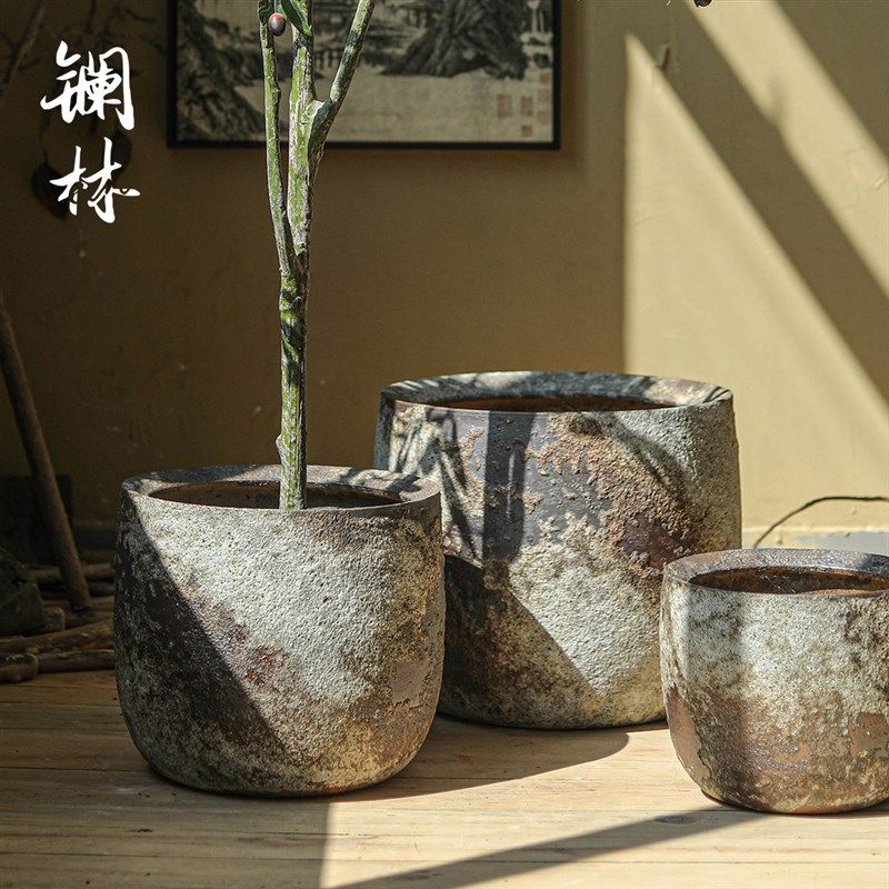 粗陶花盆大口径阳台创意摆件复古多肉透气陶瓷花坛家居室内装饰品