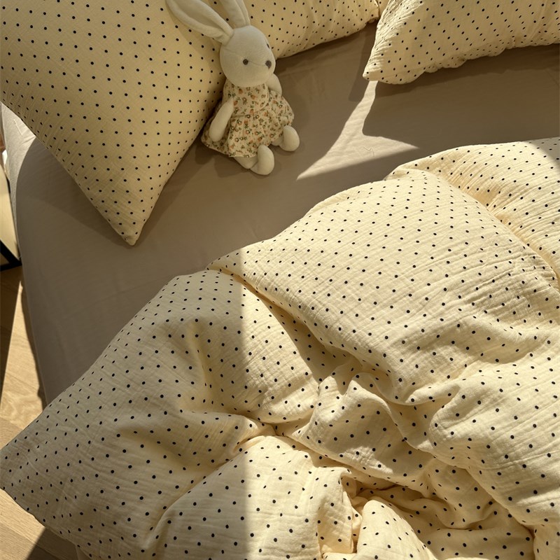 皱皱双层纱黑白波点床上四件套1.5m1.8米裸睡纯棉被套床单少女心
