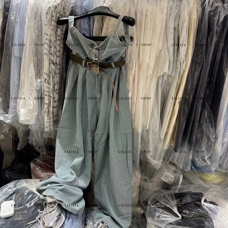 MIDO家 复古套装女做旧单排扣吊带背心夏季高腰牛仔阔腿裤两件套