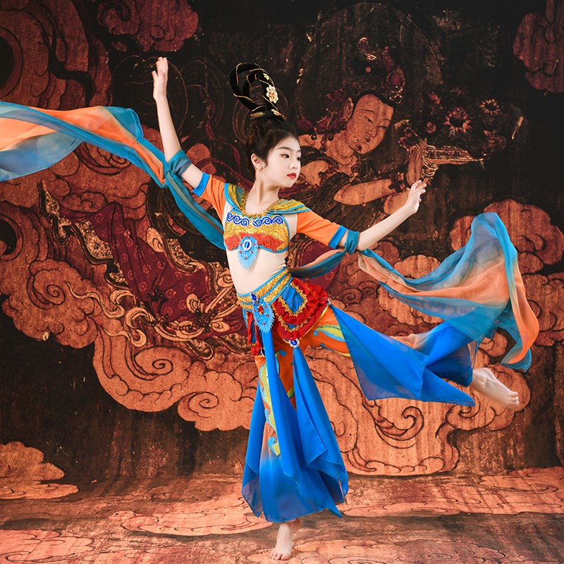 儿童古典舞敦煌舞蹈服反弹琵琶女童飘逸民族中国风飞天乐鼓演出服