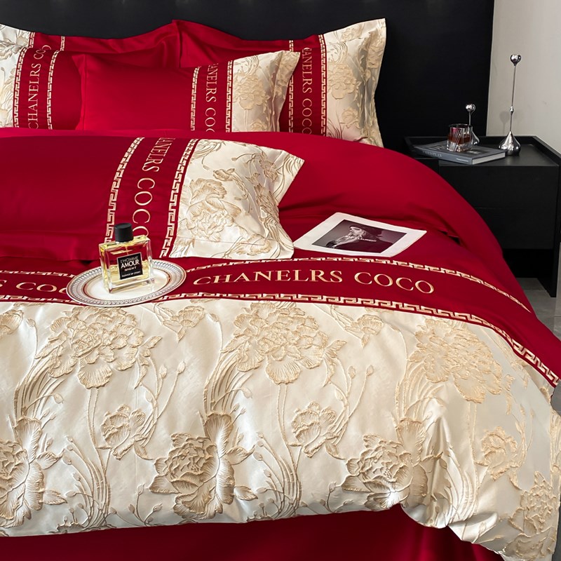 轻奢风婚庆四件套红色拼接被套纯棉结婚床单新房乔迁全棉床上用品