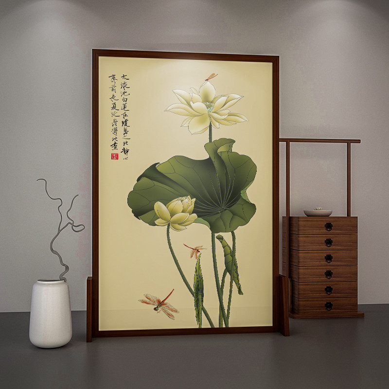 新中式实木座屏屏风入户客厅隔断玄关禅意装饰定制移动背景墙荷花