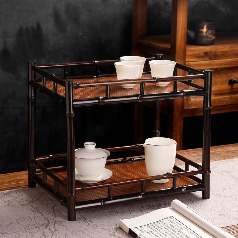 双层紫竹茶棚茶具收纳架子 竹制茶杯架博古架 茶柜日式置物柜花架