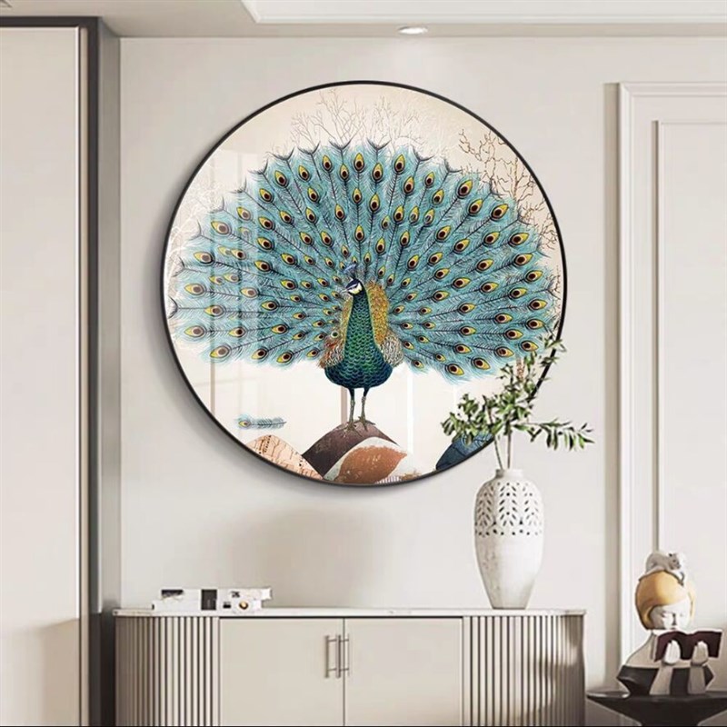 孔雀开屏圆形玄关装饰画新中式寓意好卧室床头挂画客厅背景墙壁画图片