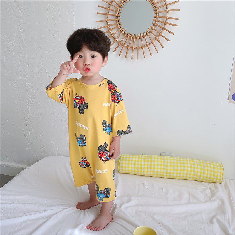 宝宝睡袍夏季薄款短袖婴儿纯棉连体睡衣儿童浴袍男童女孩爬服睡裙