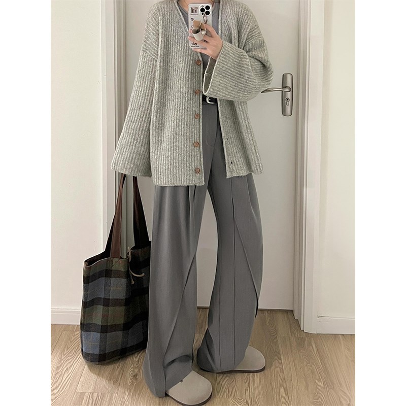 灰色西装裤女秋冬新款胖妹妹mm梨形身材高腰宽松显瘦阔腿休闲裤子