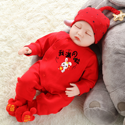 满月宝宝衣服女婴儿公主男孩夏季拍照59码52码春秋红色纯棉外出服