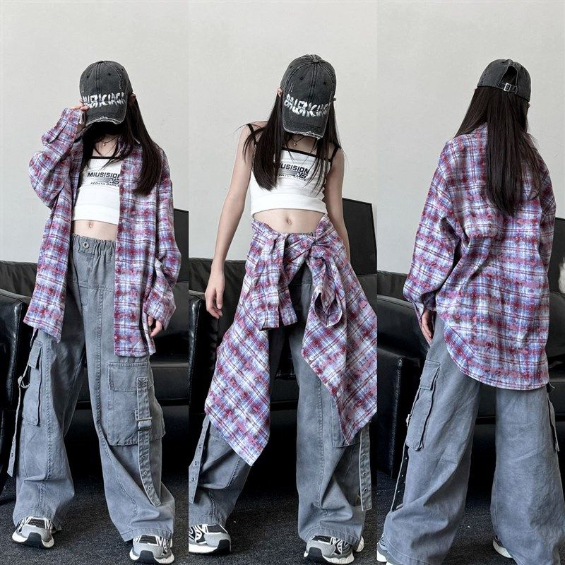 秋季新款童装潮酷男女儿童格子长袖衬衫工装裤嘻哈街舞套装演出服,童装/婴儿装/亲子装,儿童演出服,淘宝优惠券,粉丝福利购,淘宝优惠卷