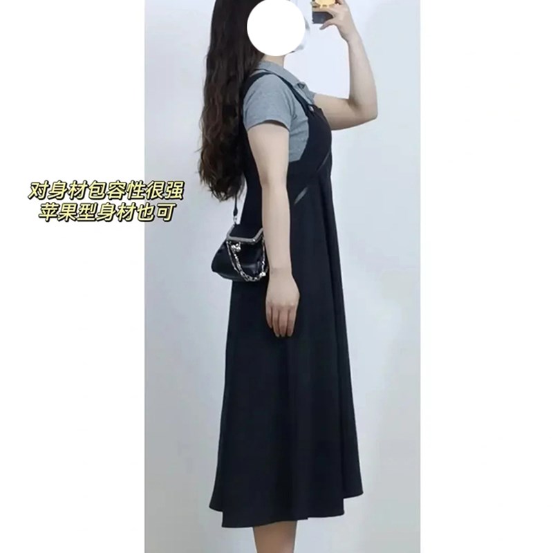 西装料背带裙夏季款大码胖妹妹屁股大胯宽女生穿搭黑色显瘦连衣裙