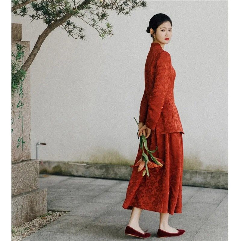 冬季旗袍敬酒服新娘结婚新中式喜嫁婚礼订婚礼服小个子长裙套装女