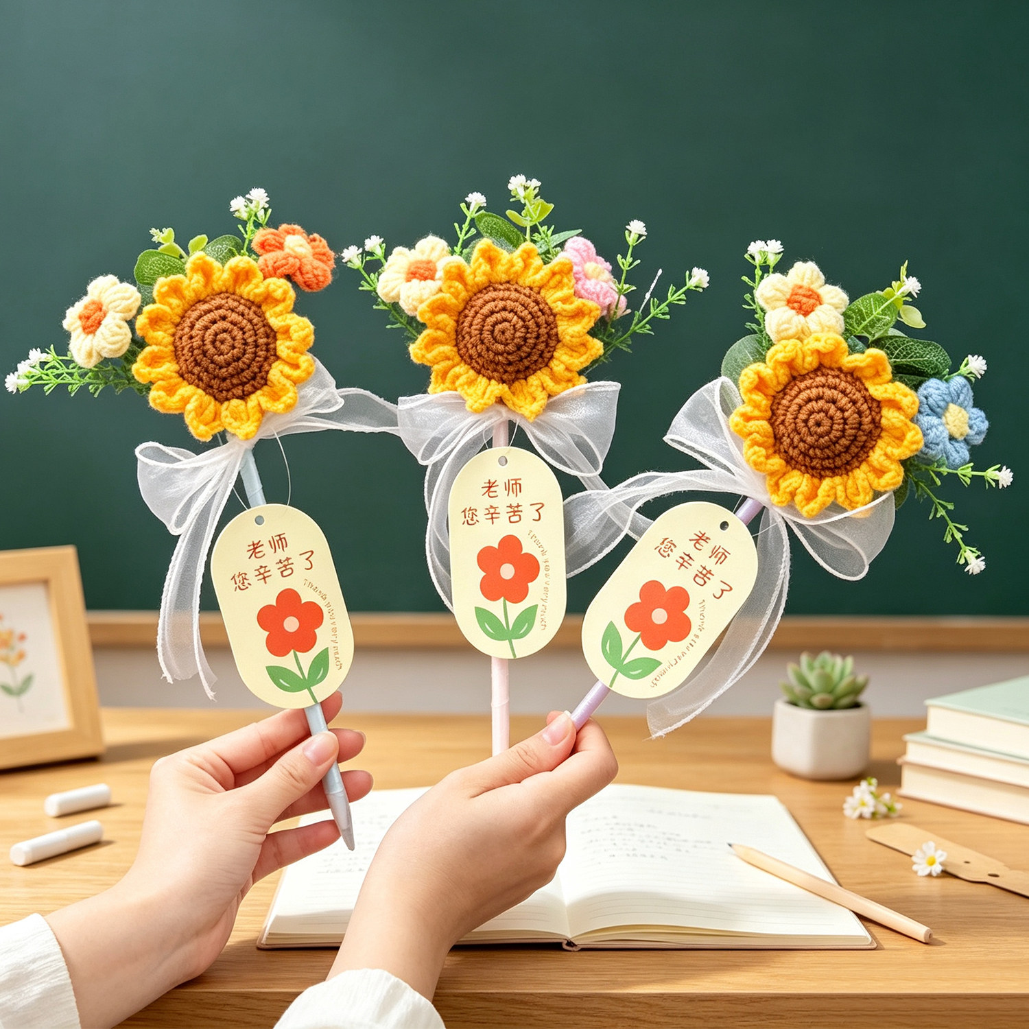 手工毛线向日葵花束笔教师节礼物