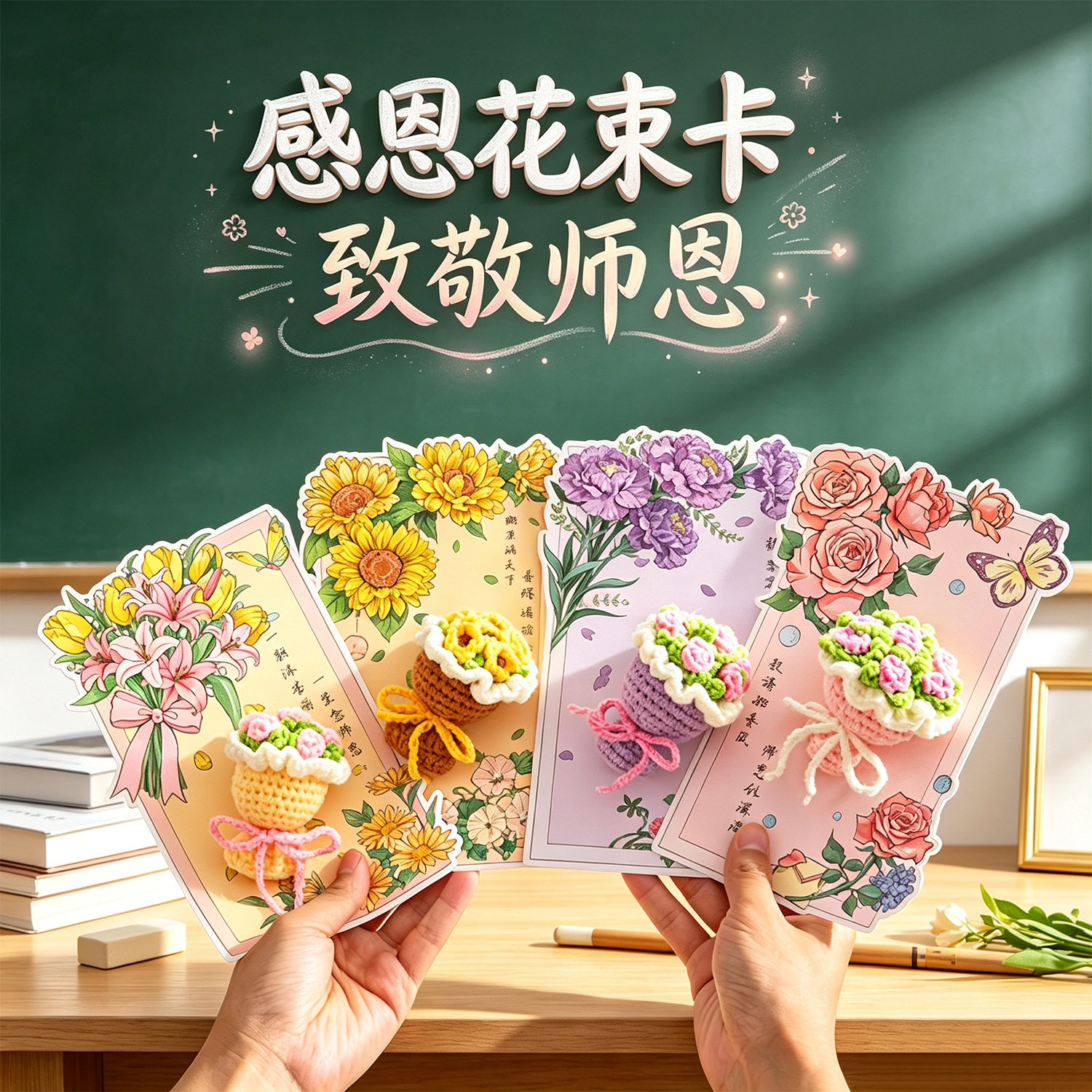 教师节立体毛线花束感谢贺卡