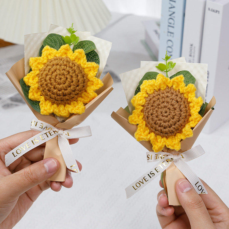 成品手工编织向日葵毛线花钩织花束迷你口袋花束送老师教师节礼物