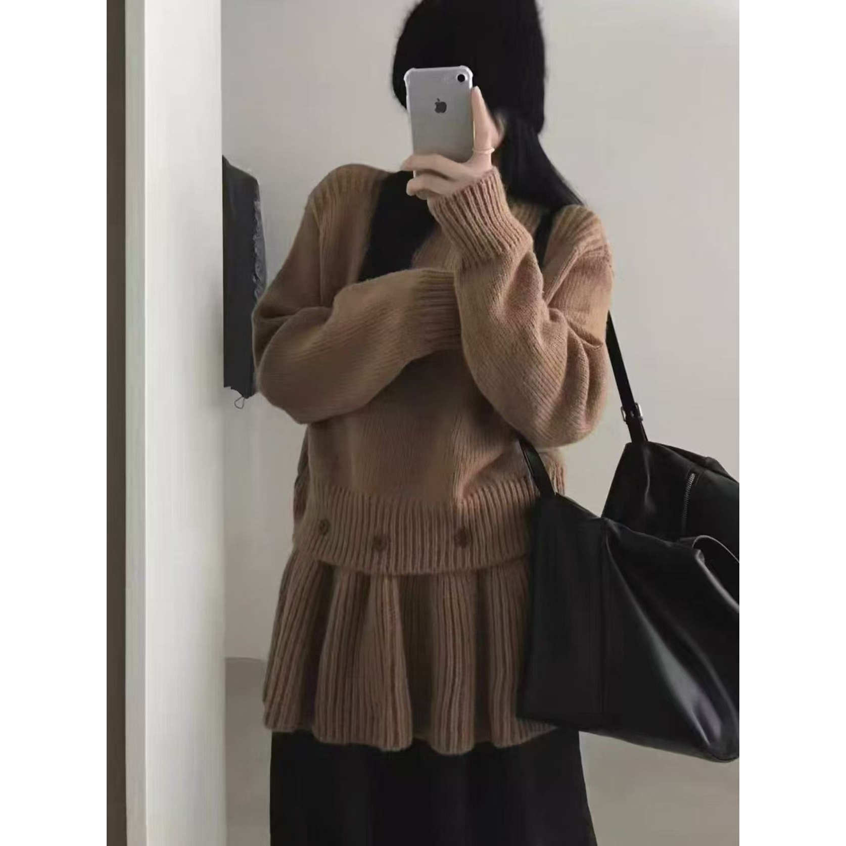 可拉肩假两件针织毛衣连衣裙女2025春秋新款蝙蝠袖高腰显瘦包臀裙