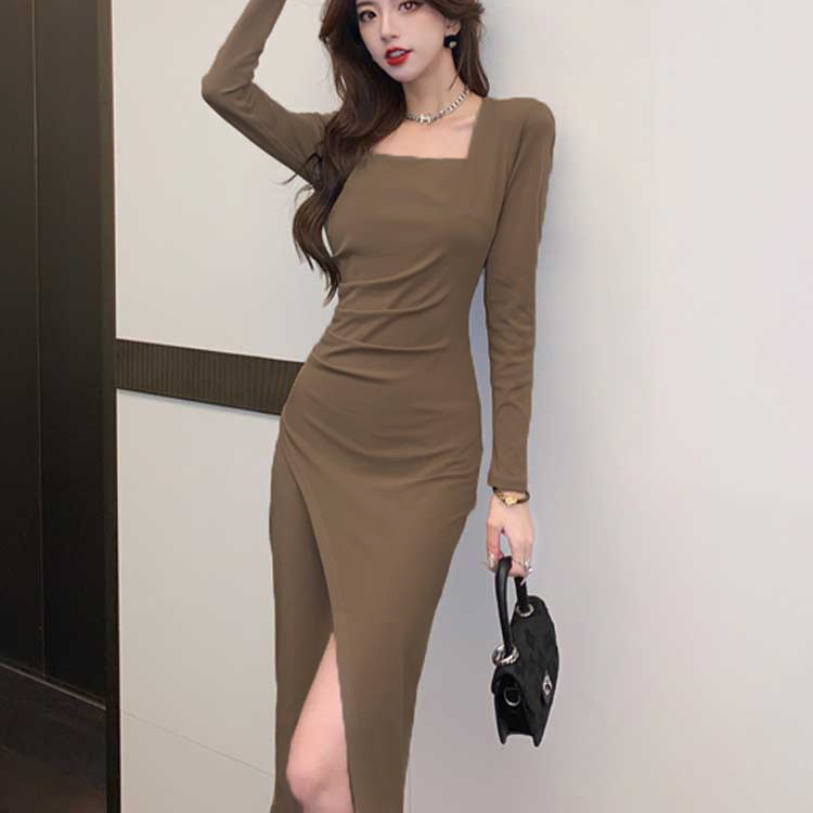 春秋连衣裙2025新款长袖方领中长裙女修身显瘦女装辣妹开叉包臀裙