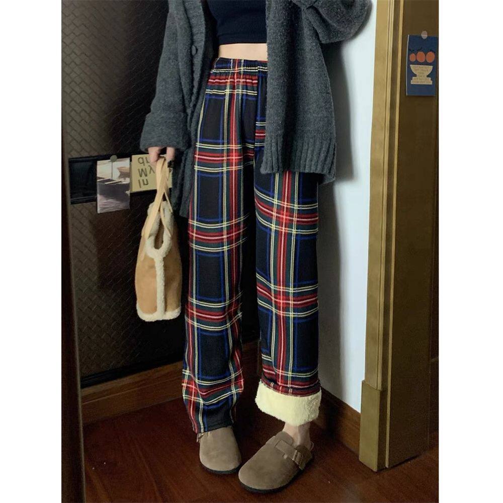 加绒加厚新款羊羔绒打底裤网红格子裤秋冬时尚百搭高腰直筒休闲裤