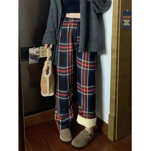百搭高腰直筒休闲裤 加绒加厚新款 秋冬时尚 网红格子裤 羊羔绒打底裤