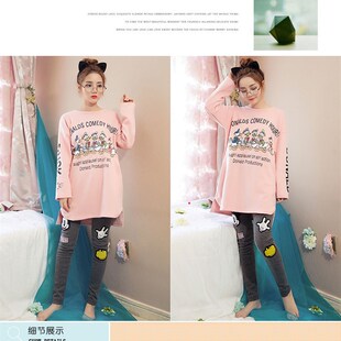 韩版 女秋款 J卡通家居服性感可爱连衣 睡裙纯棉大码 秋冬睡衣女长袖