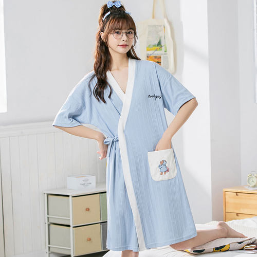 睡裙睡袍女夏季短袖纯棉和服薄y款日系家居服浴袍简约卡通晨袍睡