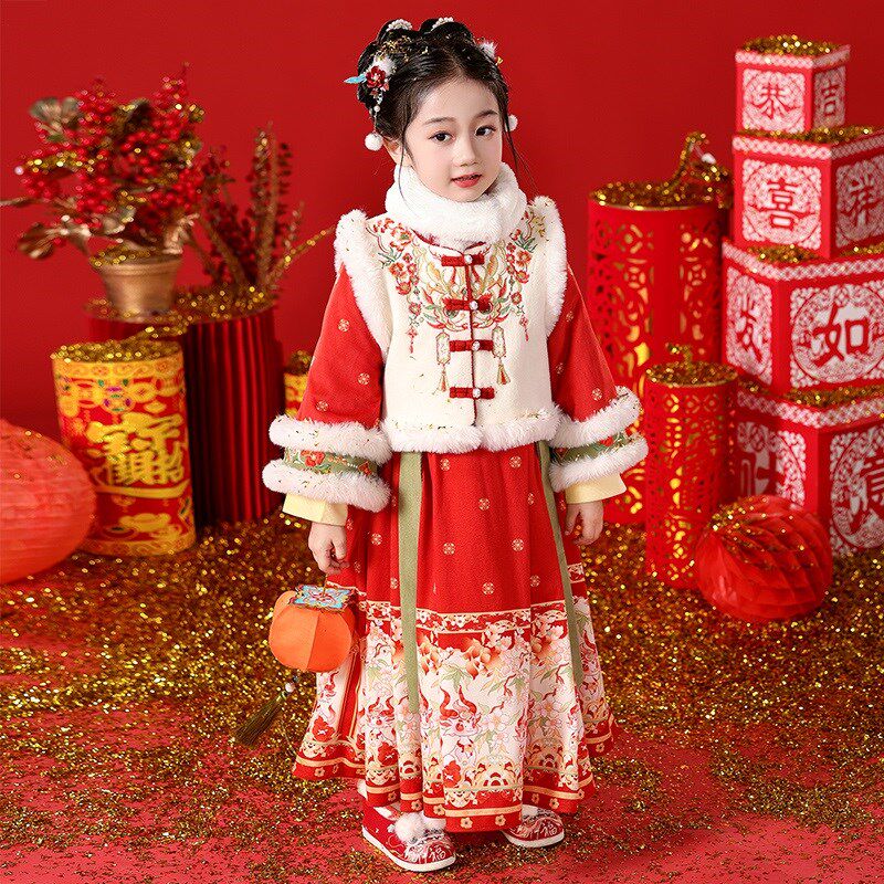 汉服女童冬季儿童马面裙过年喜y庆唐装2025新款冬装国风新年拜年