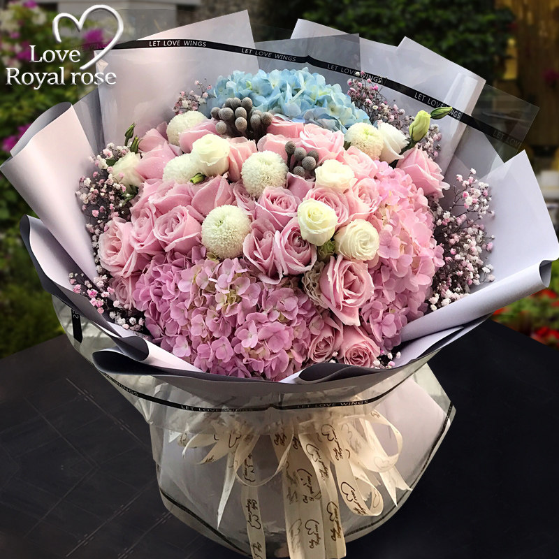 杭州鲜花速递同城玫m瑰花绣球桔梗混搭花束爱人生日订花店送花上