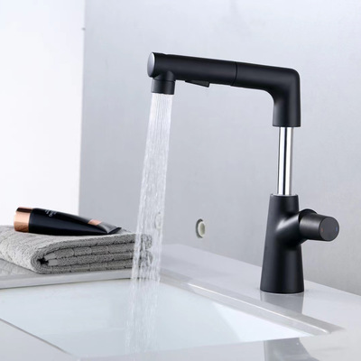 汉恩莎面盆抽拉带漱口可升降龙头坐式混水阀冷热单把单孔烤漆黑色