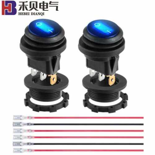 12V20A拨动开关防水蓝色 LED发光圆形防水开关热熔端子20CM线