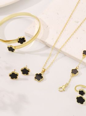 欧美跨境热销幸运花首饰套装五叶草手镯手链耳钉项链戒指女饰品