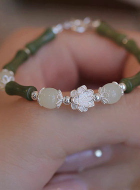 热销款国风新中式橄榄绿竹节手链女轻奢小众高级感莲花手饰潮