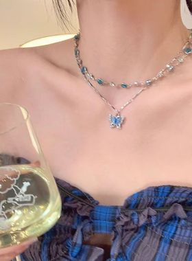 适合夏日清凉感双层蝴蝶项链配饰女轻奢小众爆闪精致锁骨链颈链