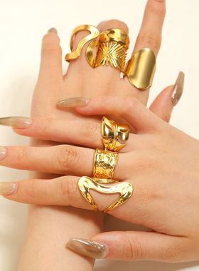 欧美高级感不锈钢不规则戒指开口跨境个性夸张几何关节指环女