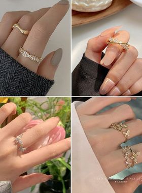 微镶锆石戒指ins潮日韩小众网红轻奢简约冷淡风开口食指环尾戒女