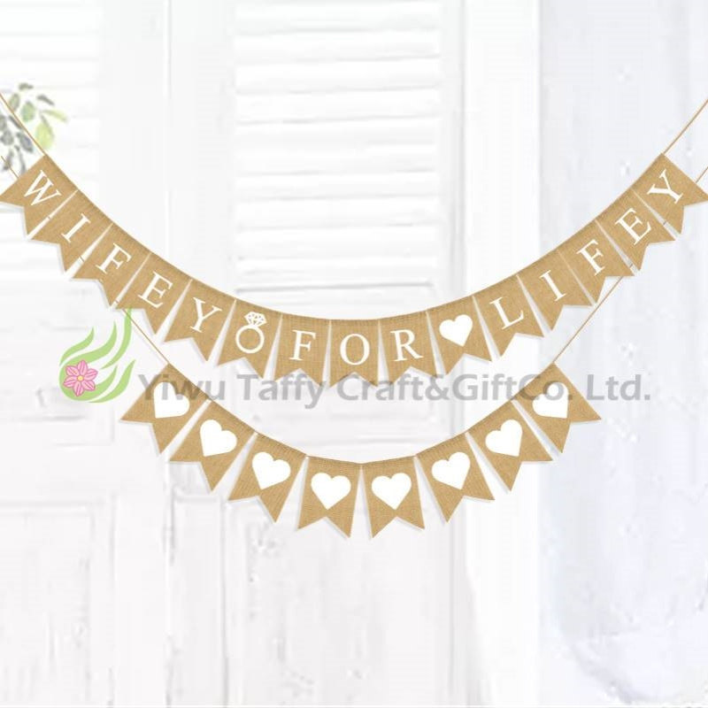 厂家 复古白色爱心串旗鱼尾旗 WIFEY FOR LIFEY麻布燕尾拉旗