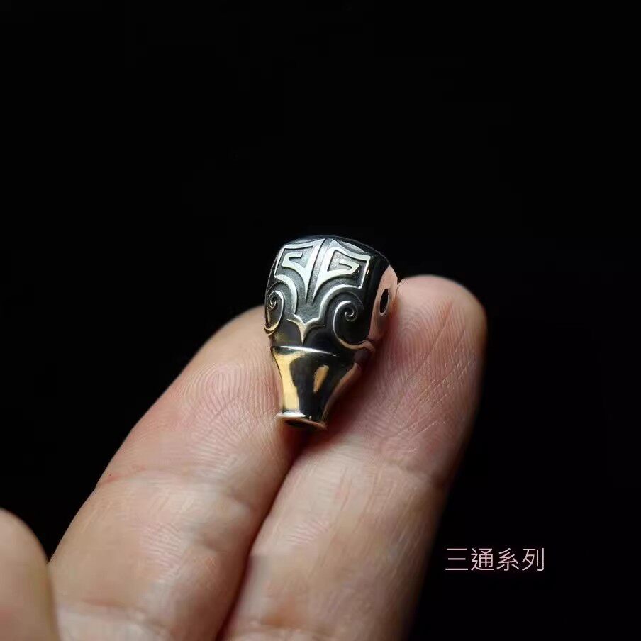 博古纹三通佛头做旧雕刻工艺文玩配饰星月菩提子个性三通