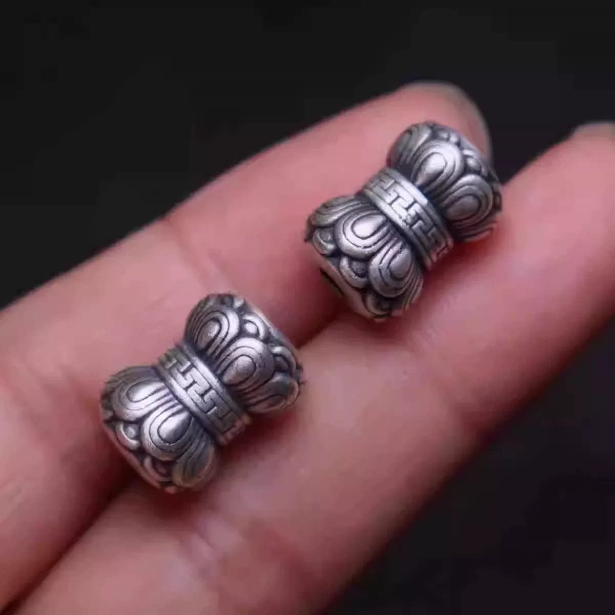 S925纯银双莲花隔珠腰珠顶珠国风文玩串珠配饰diy猴头椰蒂百香籽