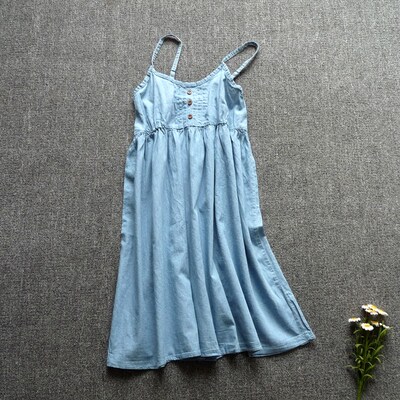 小清新牛仔吊带裙 森女文艺纯棉布连衣裙高腰A字裙外穿度假打底裙