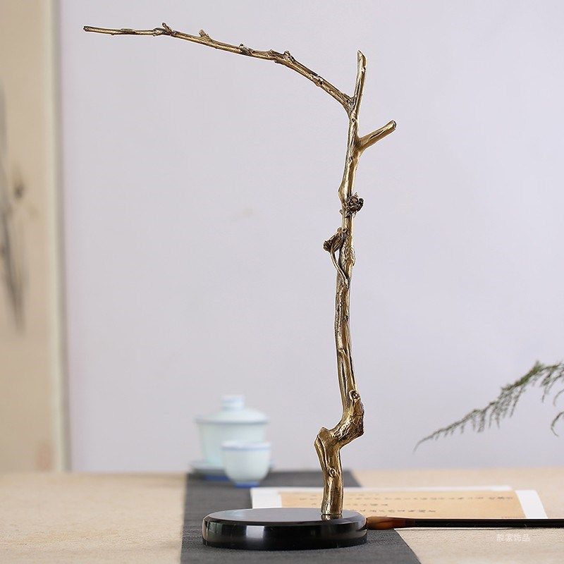 逢春铜无境黄铜艺术毛笔架花草元素复古挂架圆形大理石底座笔挂