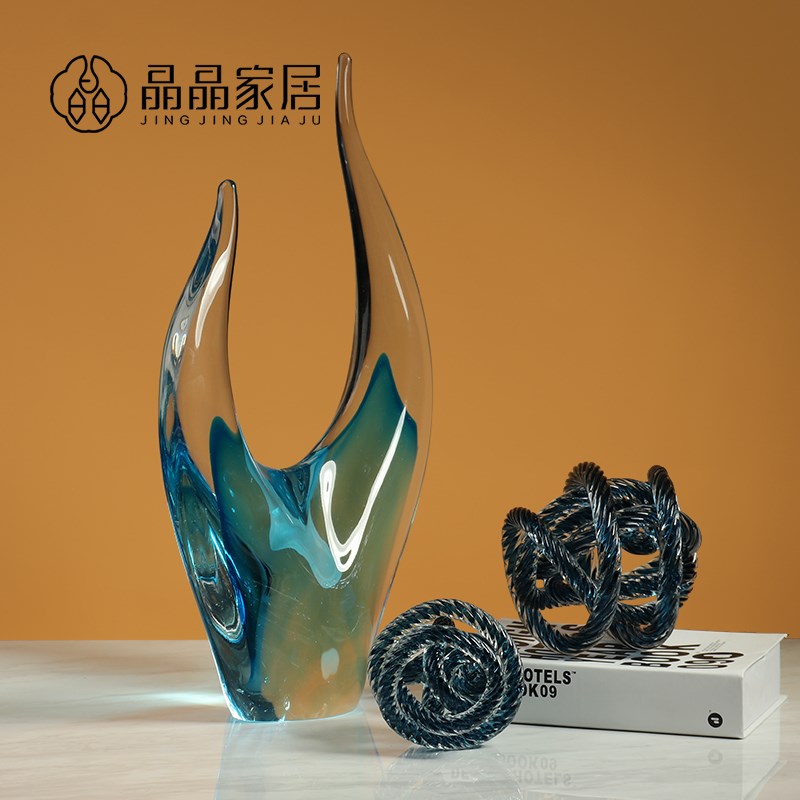 北欧简约透明玻璃蓝色牛角桌面高档大号摆件酒店玄关样板房装饰品