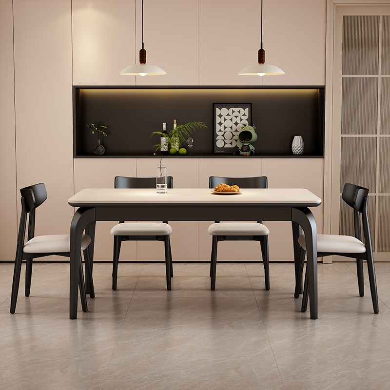 蓝色理想实木岩板餐桌椅组合家用小户型现代简约黑色高级客厅桌子
