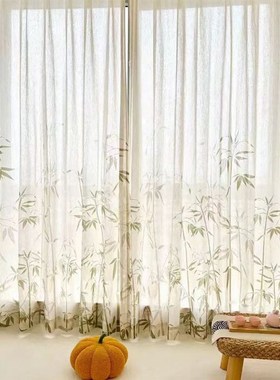 窗帘绿色竹叶新中式窗纱书房茶楼客厅飘窗麻纱道具背景装饰古风