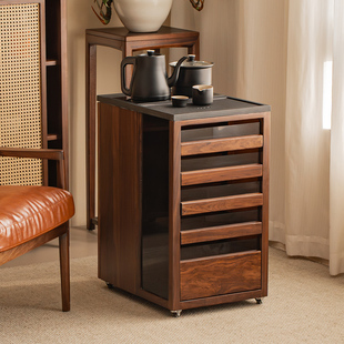 藏香柜实木乌金木茶水柜黑胡桃木色沙发边柜家用储物柜可移动带轮