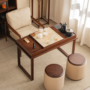 新中式乌金木茶桌实木茶台客厅茶室简约轻奢阳台休闲茶桌椅组合火